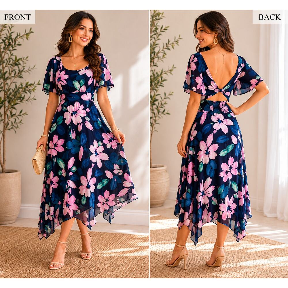 Octavia Floral Midi Dress Low Back Cutout Boho Flutter Sleeve XL